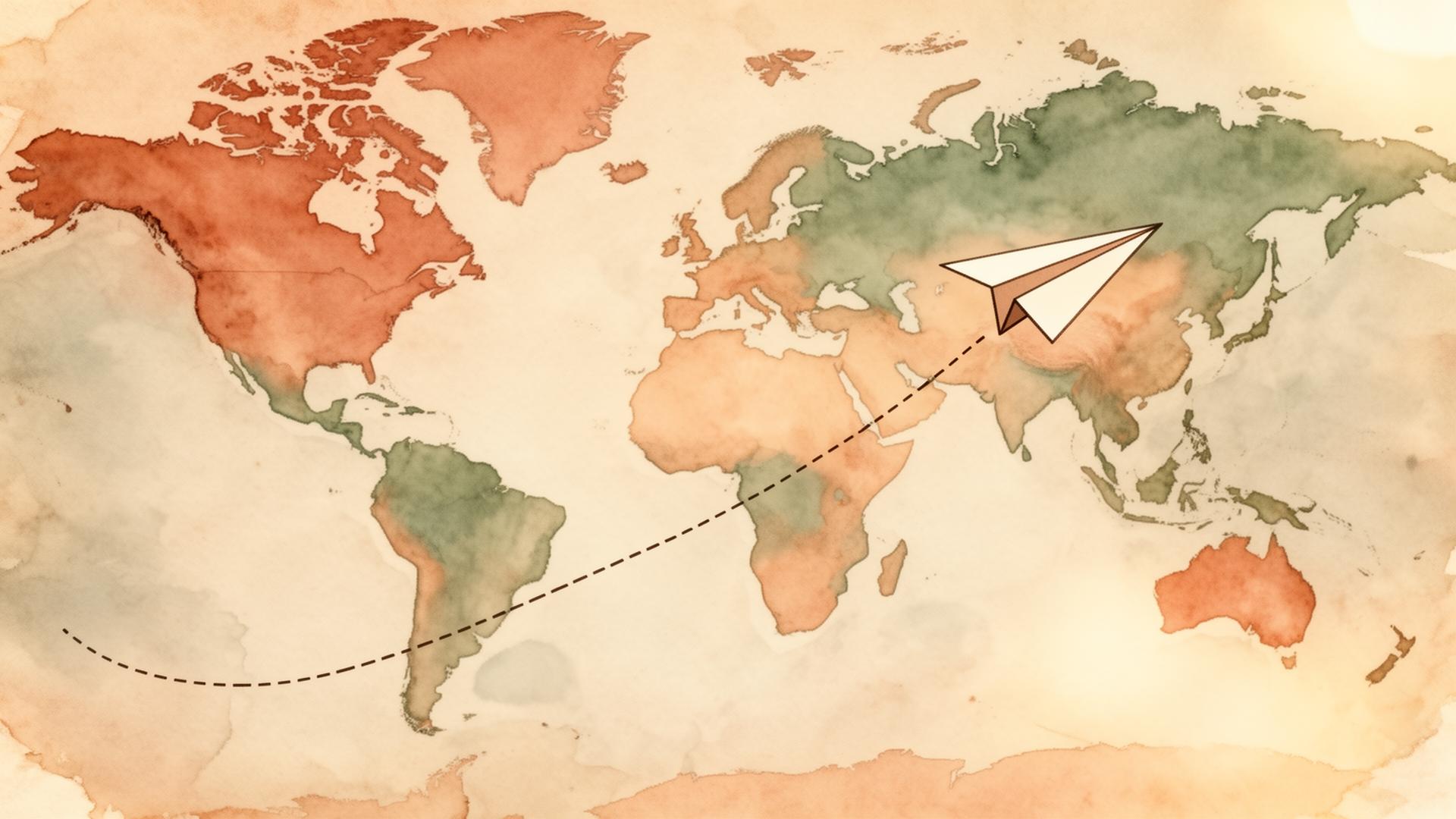 Carte du monde avec un avion en papier, illustration voyage famille
